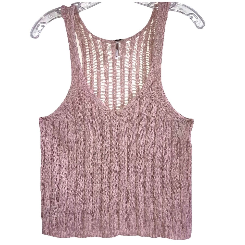 FREE PEOPLE XS 100% Cotton Neutral Pink Mauve Knit Sleeveless Strappy Top Crop